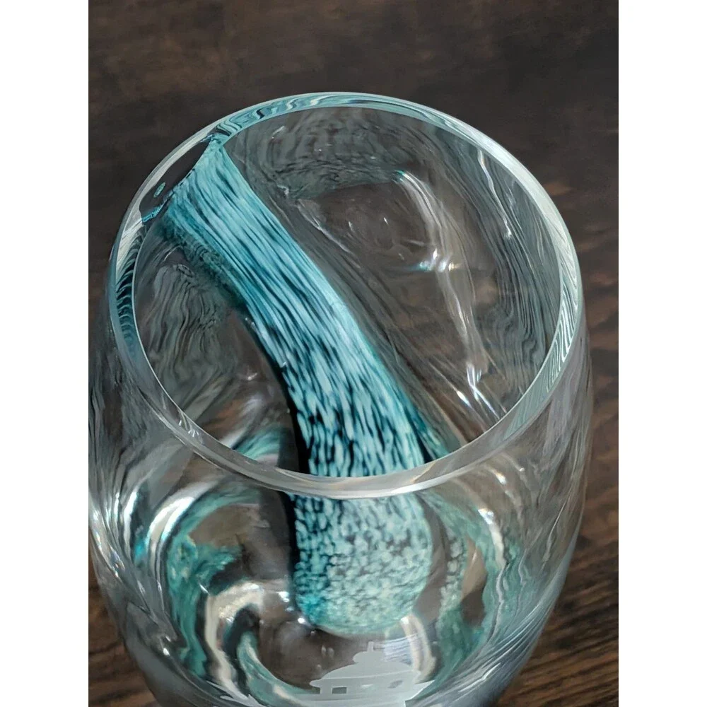 Lenox Barrel Etched Teal Vase Swirl Wave Lighthouse Crystal/Cut Glass 8